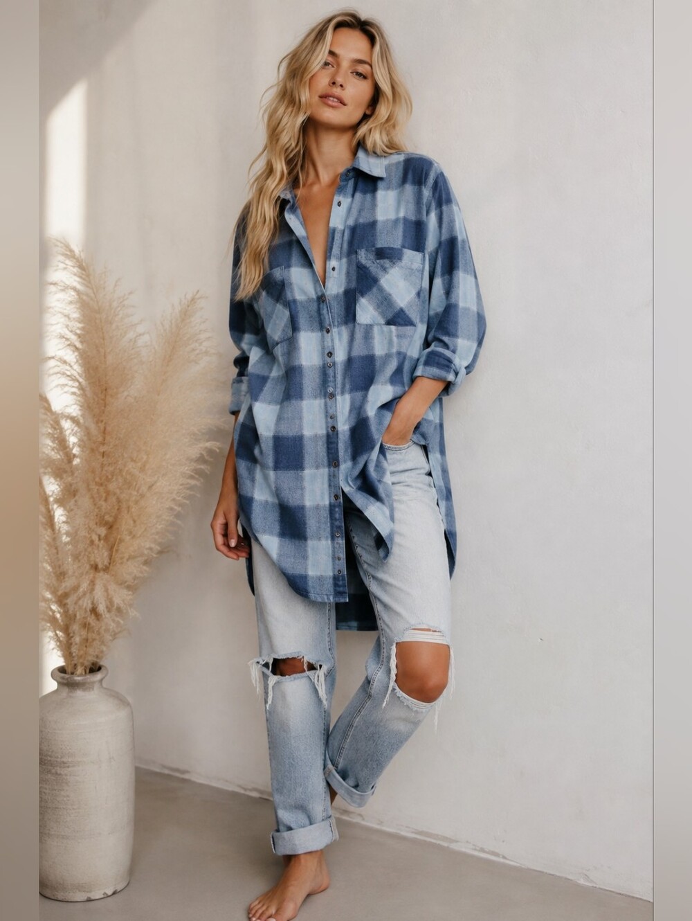 Free People Plaid Distressed Oversized Button Down Tunic Shirt L